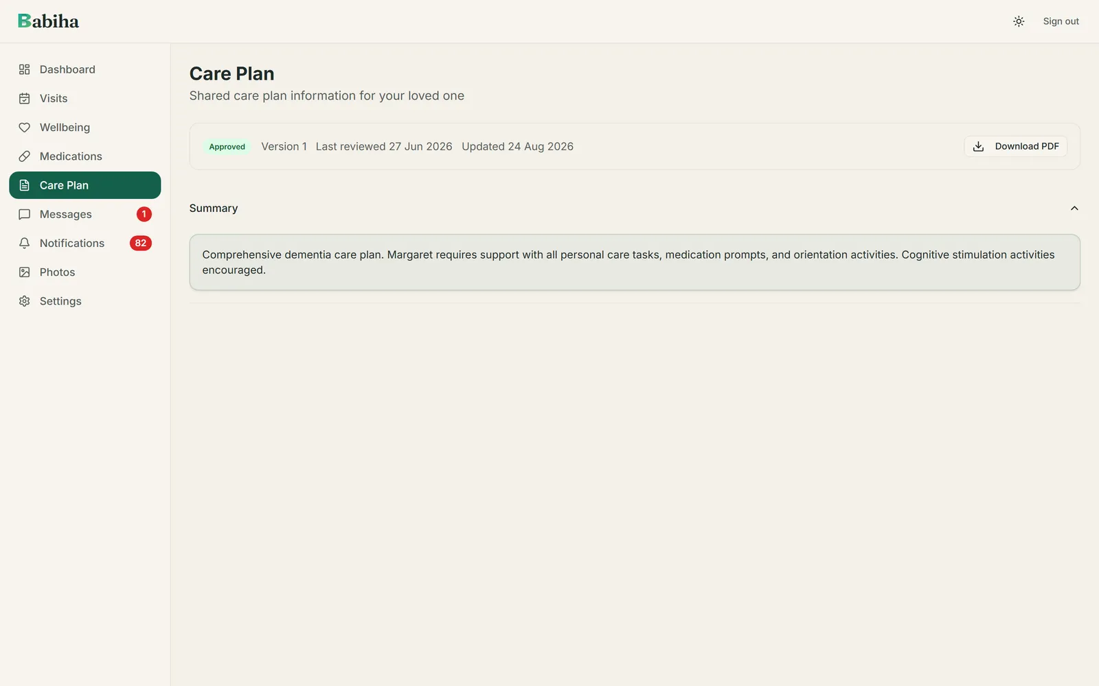 The family portal care plan, showing the approved current version with a button to download it as a PDF