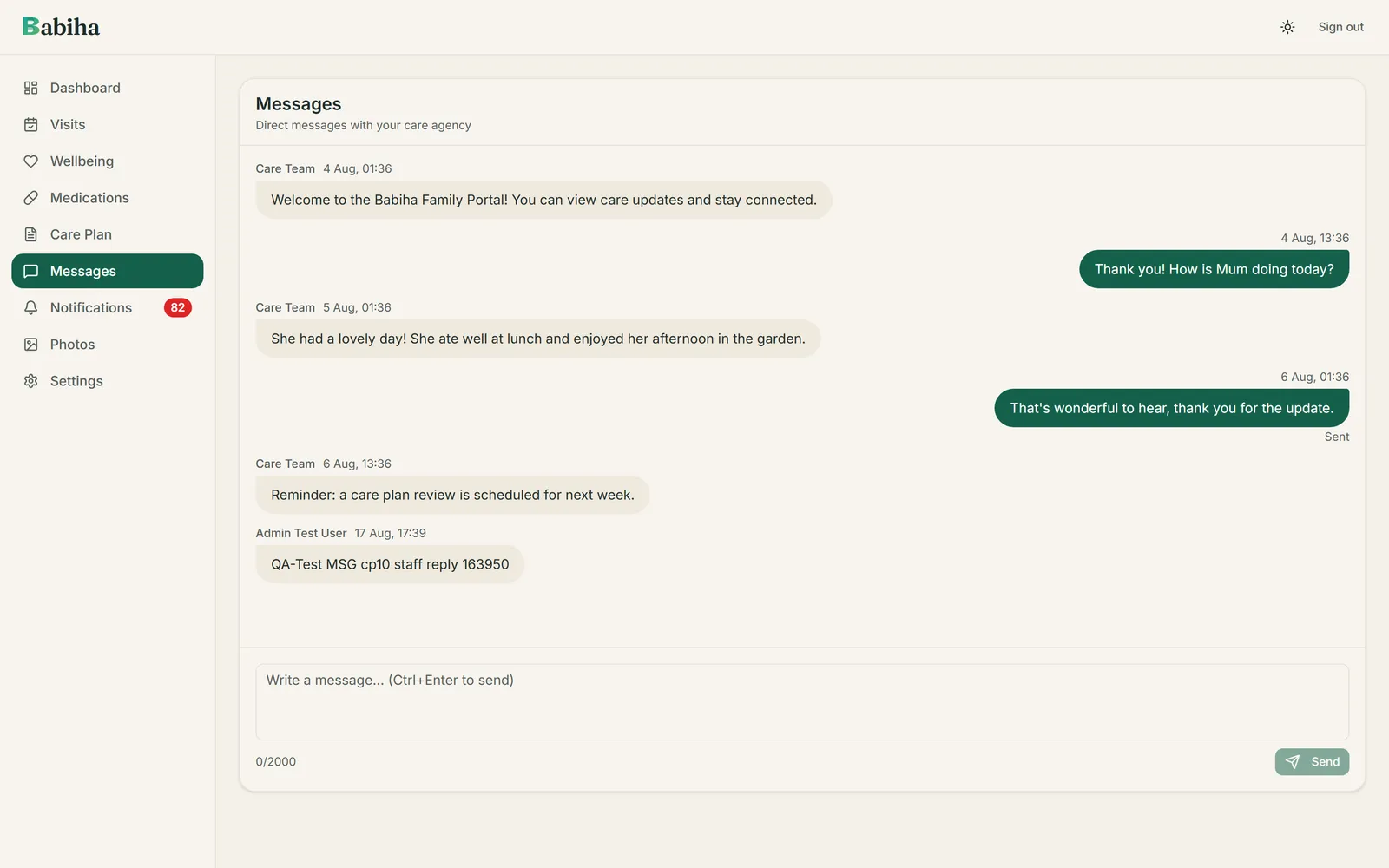A secure two-way message thread between a family member and the care team