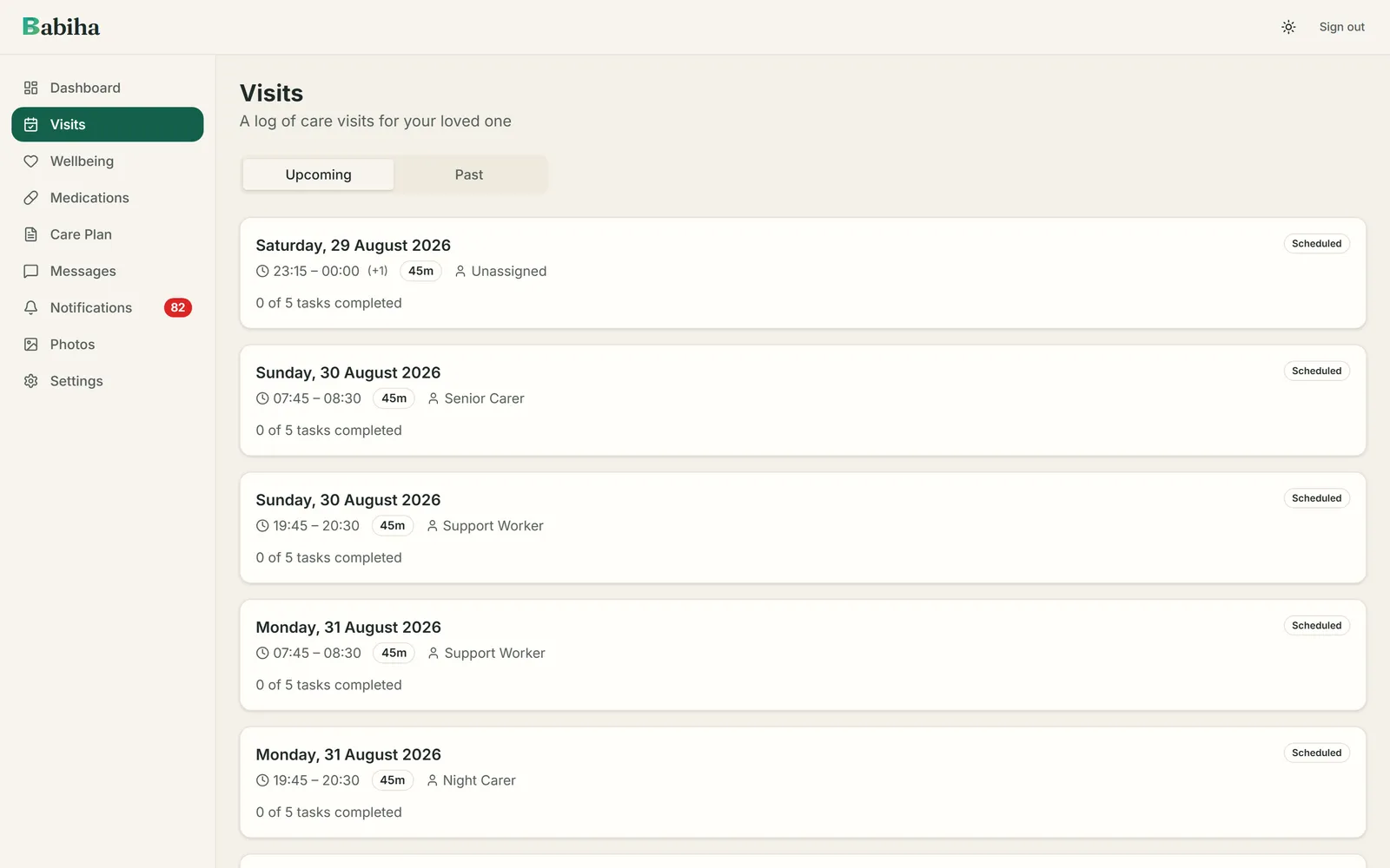 The family portal visits list, showing recent and upcoming calls with their times and who attended