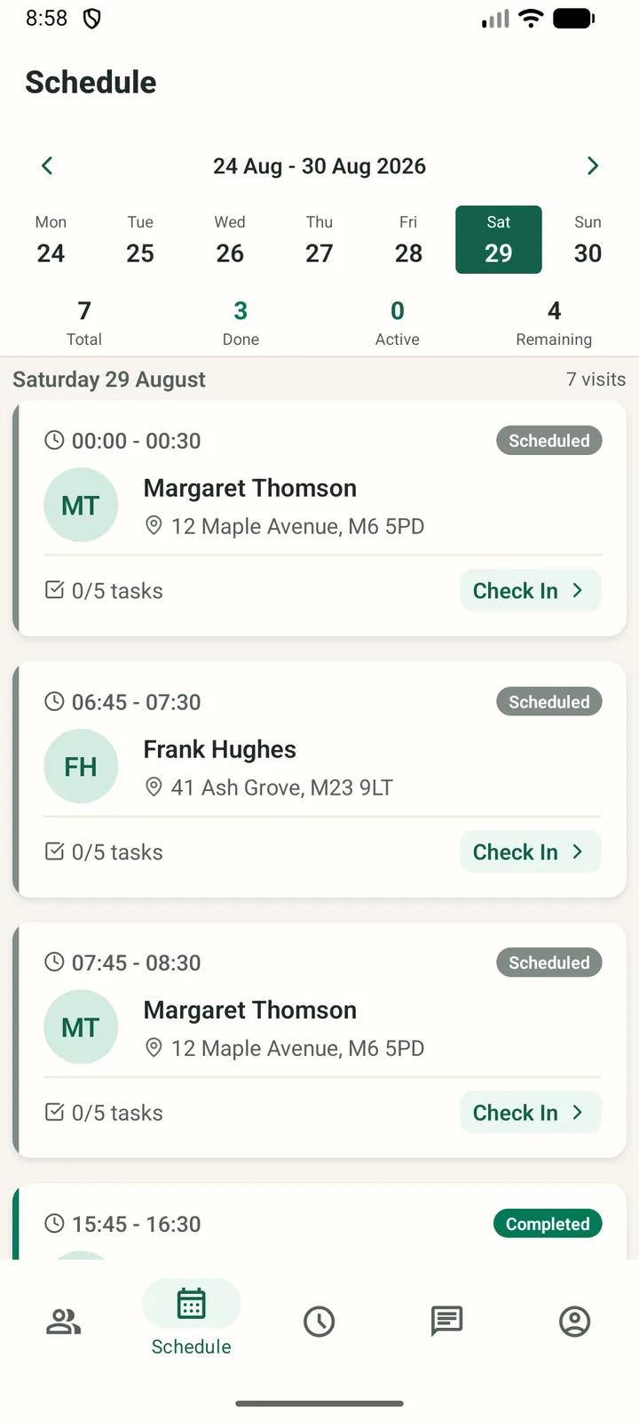 The carer app schedule for a Saturday, showing the week, a total of seven visits with three done, and each call with its time, client and address