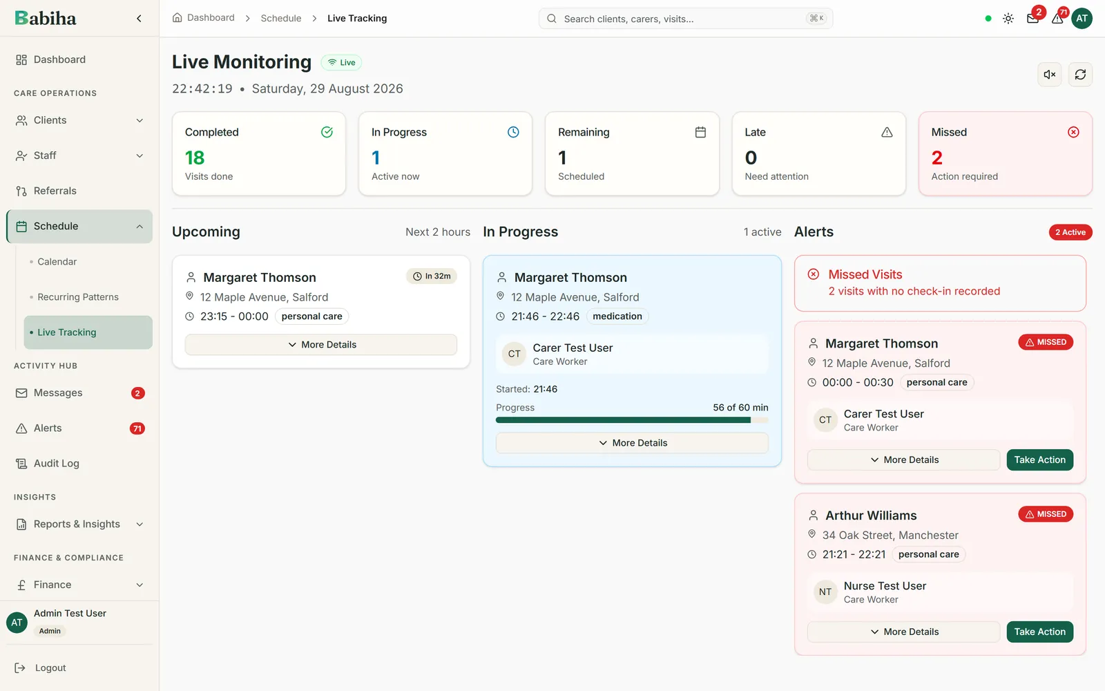 Live tracking of today’s calls, showing which visits are running, which are late and which nobody has picked up