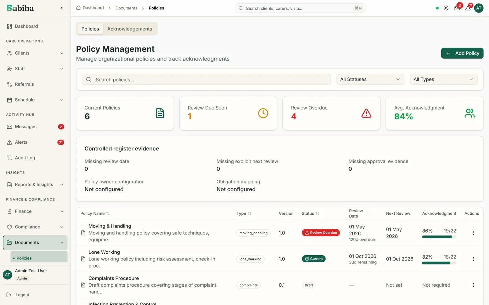 The policy library listing agency policies with their review dates and status